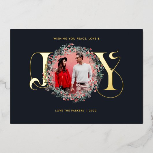 エレガントJOYクリスマスリース葉の果実の写真 箔シーズンカード (正面)