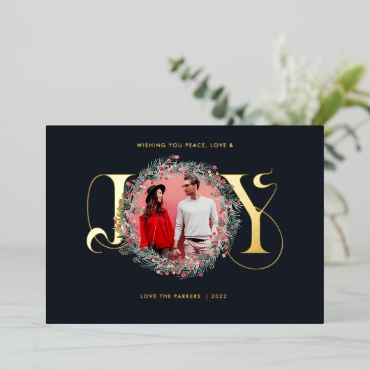 エレガントJOYクリスマスリース葉の果実の写真 箔シーズンカード (立ち正面)