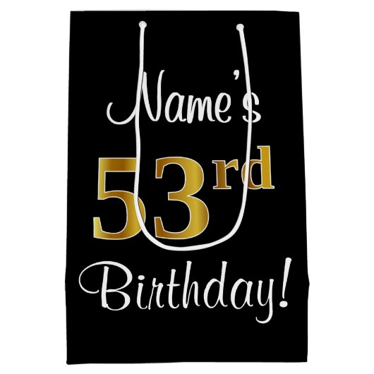 エレガントLuxurious, フェイク金ゴールドルック53誕生日 ミディアムペーパーバッグ (裏面)