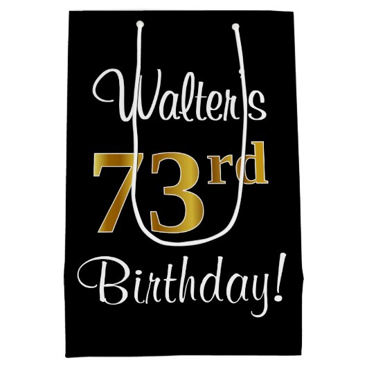 エレガントLuxurious, フェイク金ゴールドルック73誕生日 ミディアムペーパーバッグ (裏面)