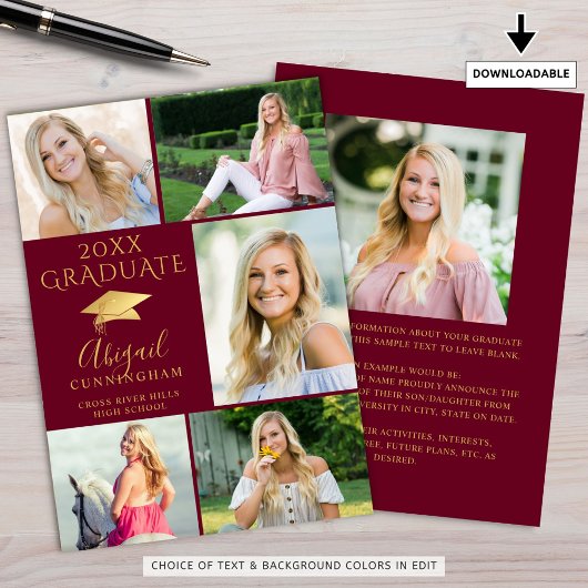 エレガントMaroon金ゴールド6 Photo Collage卒業 案内状