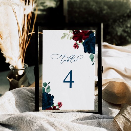 エレガントMarsala & Navy Flowers Table 4 結婚's テーブルナンバー