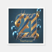 エレガントMidnight Blueと金ゴールドストライプの21歳 スタンダードカクテルナプキン (正面)