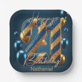 エレガントMidnight Blueと金ゴールドストライプの21歳 ペーパープレート (正面)