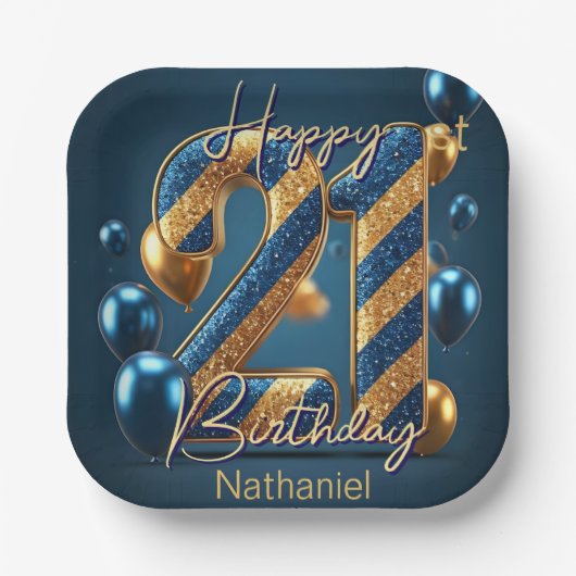 エレガントMidnight Blueと金ゴールドストライプの21歳 ペーパープレート (正面)