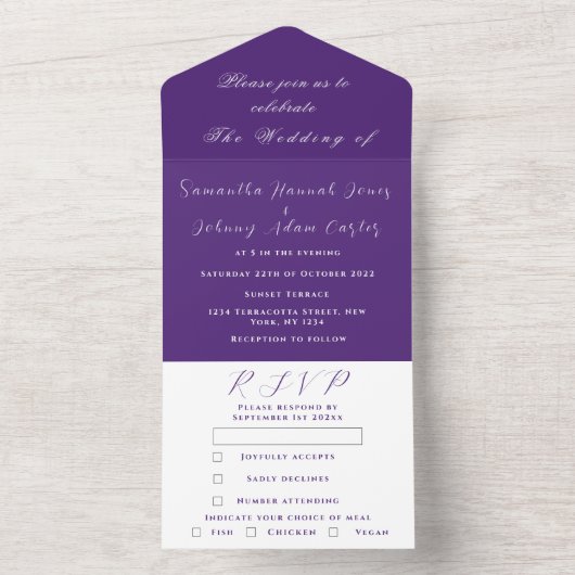 エレガントMinimalist Purpleスクリプ結婚ト オールインワン招待状 (内側)