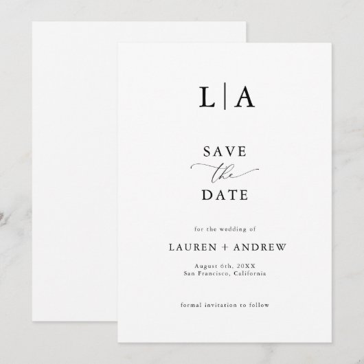 エレガントMongram Black & White Save the Date 招待状 (正面/裏面)