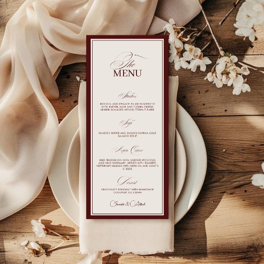 エレガントOld Moneyの結婚Red Dinner Menu Card メニュー