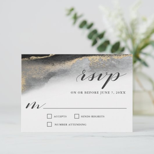 エレガントOpulenceブラックと金ゴールドマーブル結婚ズ 出欠カード (スタンド正面)