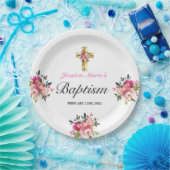 エレガントPInkフローラ金ゴールドクロスバプテスマ ペーパープレート (パーティー)