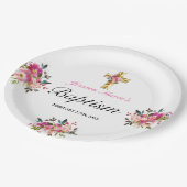 エレガントPInkフローラ金ゴールドクロスバプテスマ ペーパープレート (アングル)