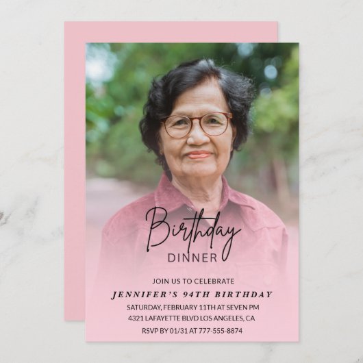 エレガントPink Shadow Dinner Photo 94th birthday 招待状 (正面/裏面)