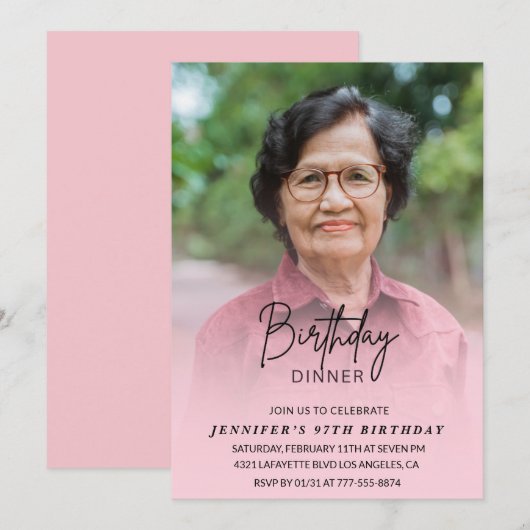 エレガントPink Shadow Dinner Photo 97th birthday 招待状 (正面/裏面)