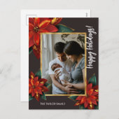 エレガントPoinsettia Merry Christmas Family写真 シーズンポストカード (正面/裏面)