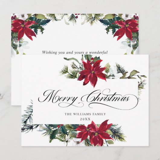 エレガントPoinsettia Mistletoe Christmas Greeting シーズンカード (正面/裏面)