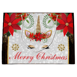 エレガントPoinsettia Unicornクリスマス ラージペーパーバッグ