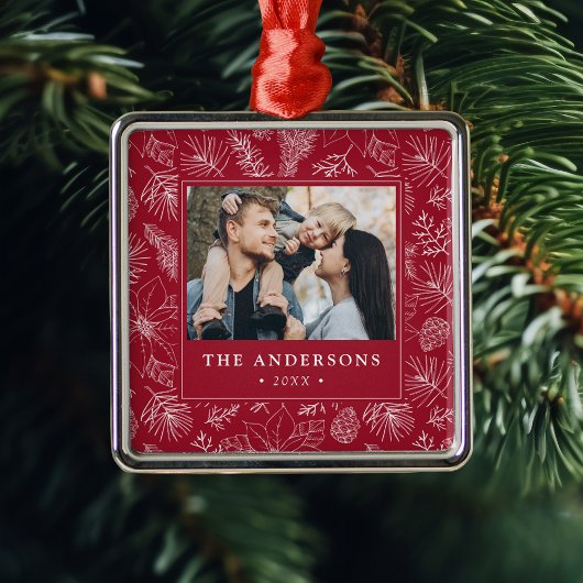 エレガントPoinsettiasとPineconesの写真 メタルオーナメント