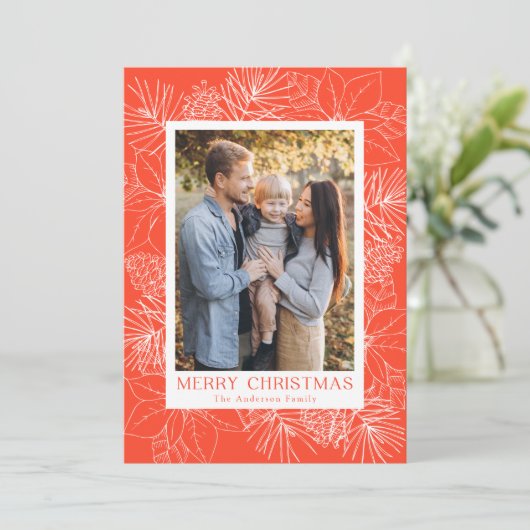 エレガントPoinsettiasとPineconesオレンジ色の写真 シーズンカード (スタンド正面)