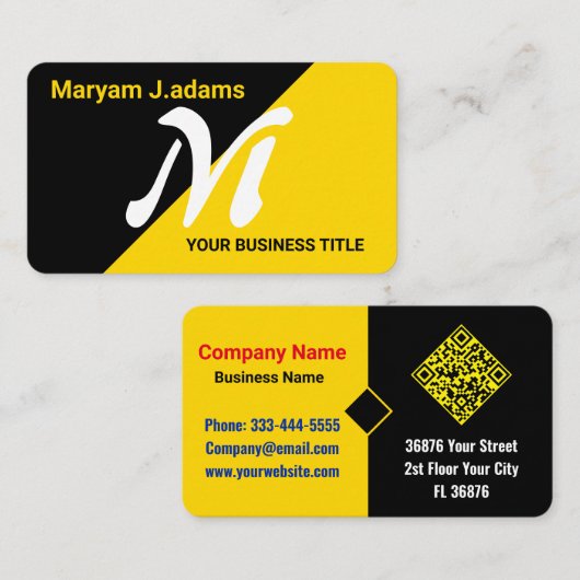 (エレガントQRコード)モノグラムモダンブラック金ゴールド 名刺 (正面/裏面)