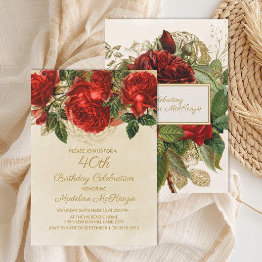 エレガントRed Roses Champagne 40th Birthday 招待状
