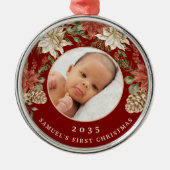 エレガントRich Redベビー初めてのクリスマス写真 メタルオーナメント (正面)