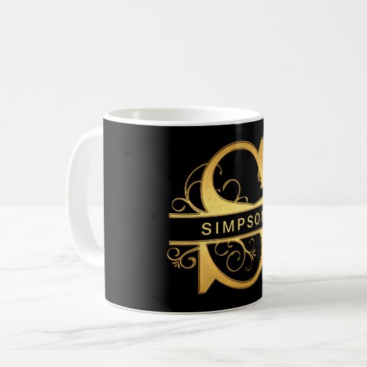 "エレガントS"モノグラム名パーソナライズされた黒金ゴールド コーヒーマグカップ (正面左)