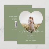 エレガントSage Greenミニマルハート写真結婚の セーブザデート (正面/裏面)