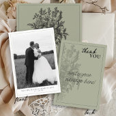 エレガントSage Greenヴィンテージフローラ結婚写真 サンキューカード