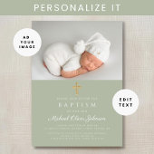 エレガントSage Green宗教十字写真バプテスマ 招待状