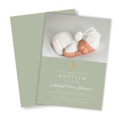 エレガントSage Green宗教十字写真バプテスマ 招待状