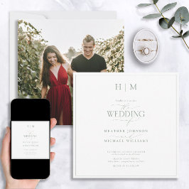 エレガントSage Green書道モノグラム写真 招待状