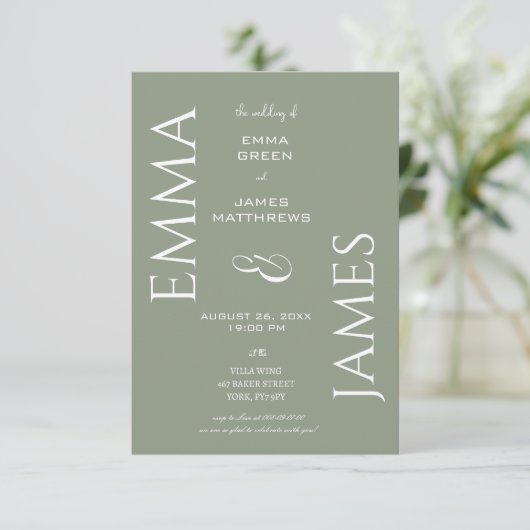 エレガントSage Green白フォントスはっきりしたクリッ結婚ト 招待状 (スタンド正面)