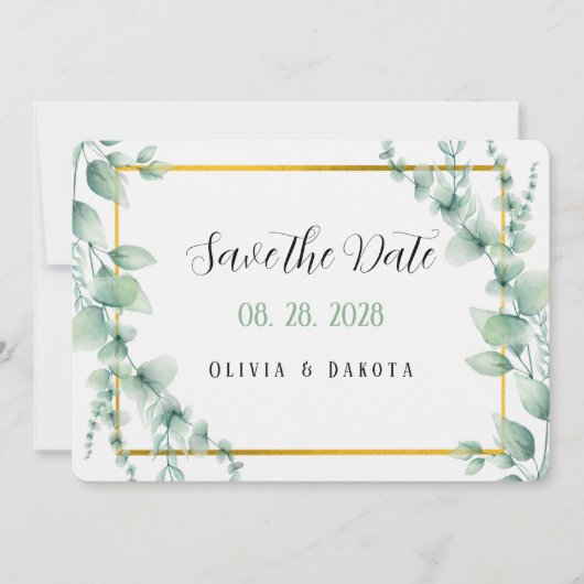エレガントSage Green金ゴールドSave The Date Card 招待状 (正面)