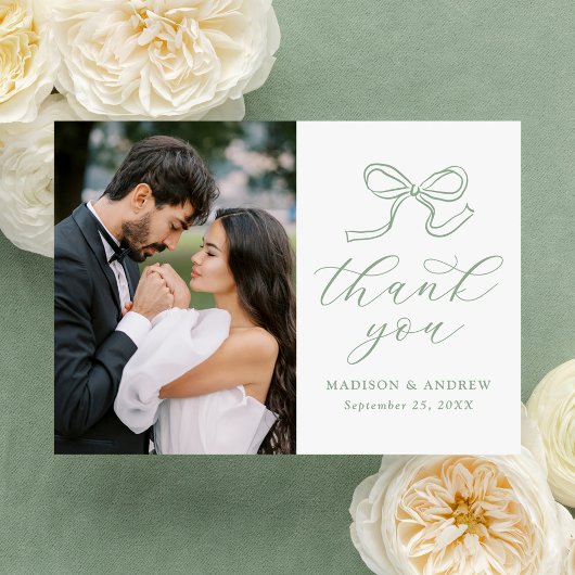 エレガントSage Green Bow Photo結婚's サンキューカード