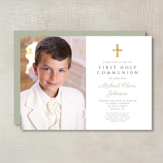 エレガントSage Green Cross Photo Boy First Communion 招待状