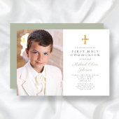 エレガントSage Green Cross Photo Boy First Communion 招待状