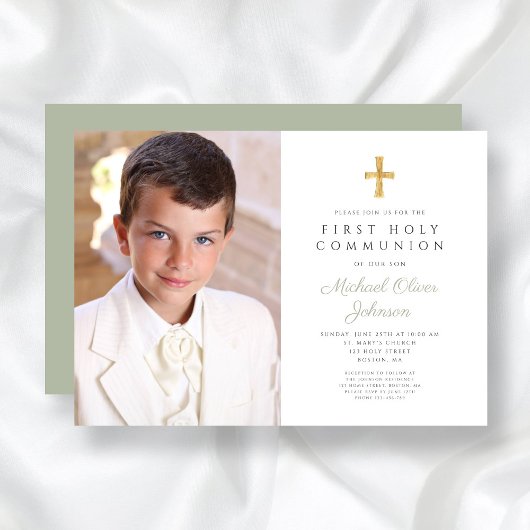 エレガントSage Green Cross Photo Boy First Communion 招待状