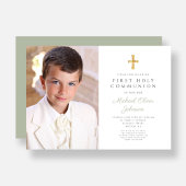 エレガントSage Green Cross Photo Boy First Communion 招待状