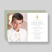 エレガントSage Green Cross Photo Boy First Communion 招待状