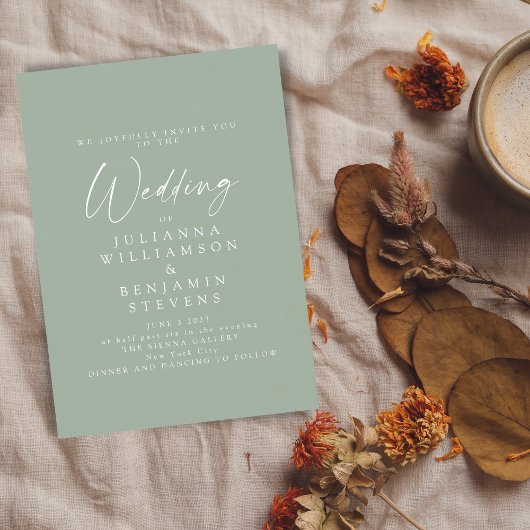 エレガントSage Green Minimalistスクリプ結婚ト 招待状