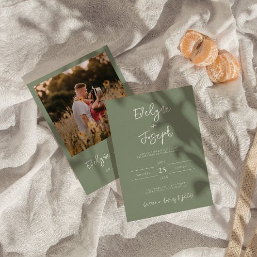 エレガントSage Green Photo Bohoモダン結婚の 招待状