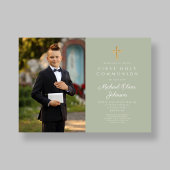 エレガントSage Green Photo Boy First Communion 招待状