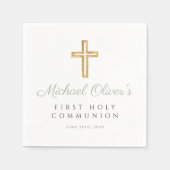 エレガントSage Green Script Cross First Communion スタンダードカクテルナプキン (正面)