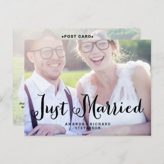 エレガントSCRIPT結婚たった今結婚しました葉書 案内ポストカード (正面/裏面)