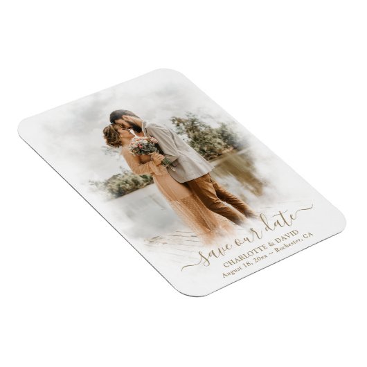 エレガントScript結婚の写真救の日付 マグネット (右側)