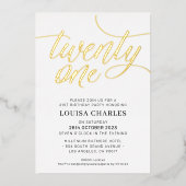 エレガントSCRIPT 21歳の誕生日パーティースタイリッシュ金ゴールド 箔招待状 (正面)
