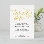 エレガントSCRIPT 21歳の誕生日パーティースタイリッシュ金ゴールド 箔招待状 (立ち正面)