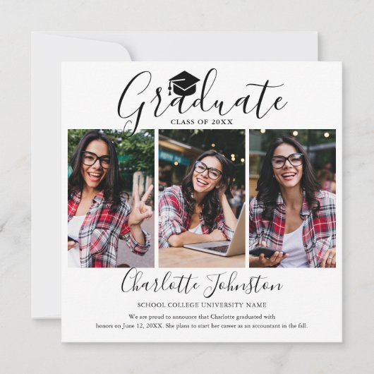 エレガントScript 4写真卒業のお知らせ 招待状 (正面)