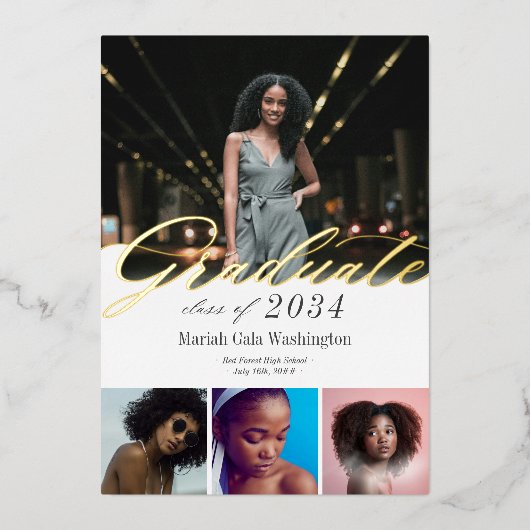 エレガントScript 4写真卒業のお知らせ 箔招待状 (正面)