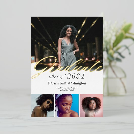 エレガントScript 4写真卒業のお知らせ 箔招待状 (立ち正面)